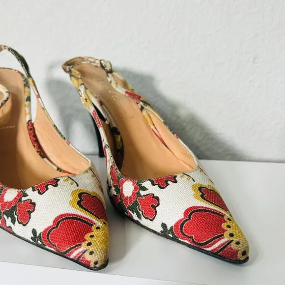 Casadei Canvas Slingback Floral Classic Designer Pump Cone Stiletto Heel Sz 10