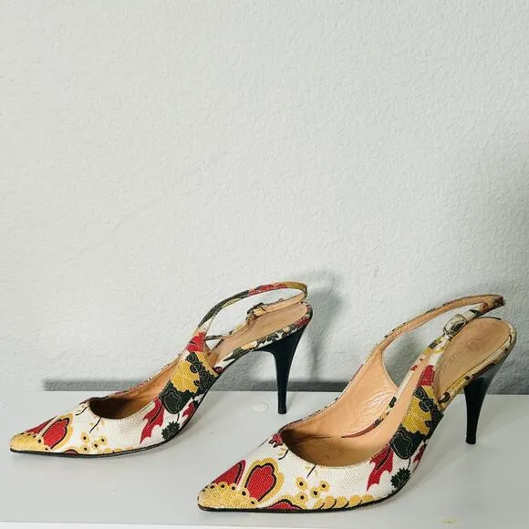 Casadei Canvas Slingback Floral Classic Designer Pump Cone Stiletto Heel Sz 10