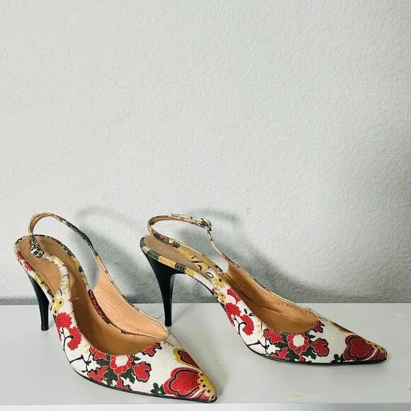 Casadei Canvas Slingback Floral Classic Designer Pump Cone Stiletto Heel Sz 10