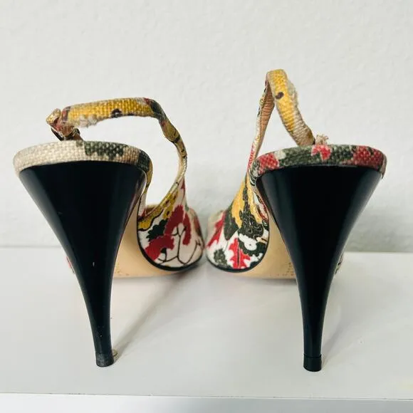Casadei Canvas Slingback Floral Classic Designer Pump Cone Stiletto Heel Sz 10