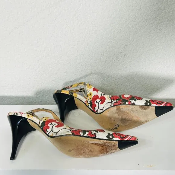 Casadei Canvas Slingback Floral Classic Designer Pump Cone Stiletto Heel Sz 10