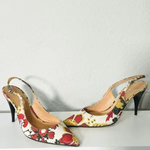Casadei Canvas Slingback Floral Classic Designer Pump Cone Stiletto Heel Sz 10