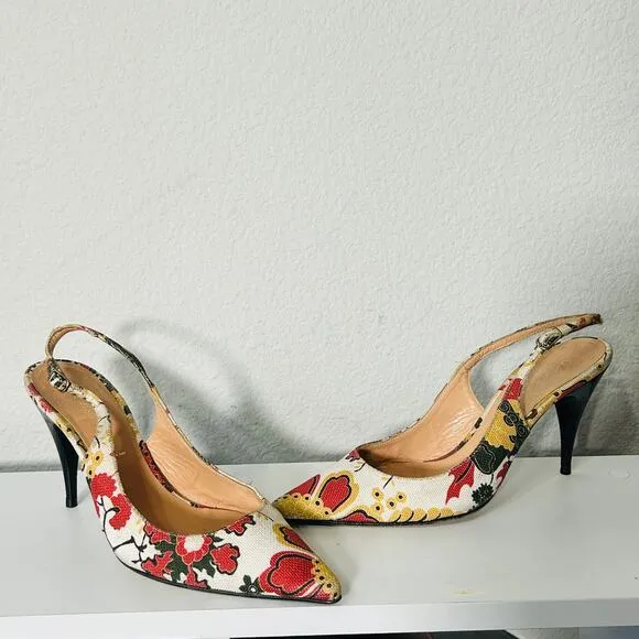 Casadei Canvas Slingback Floral Classic Designer Pump Cone Stiletto Heel Sz 10
