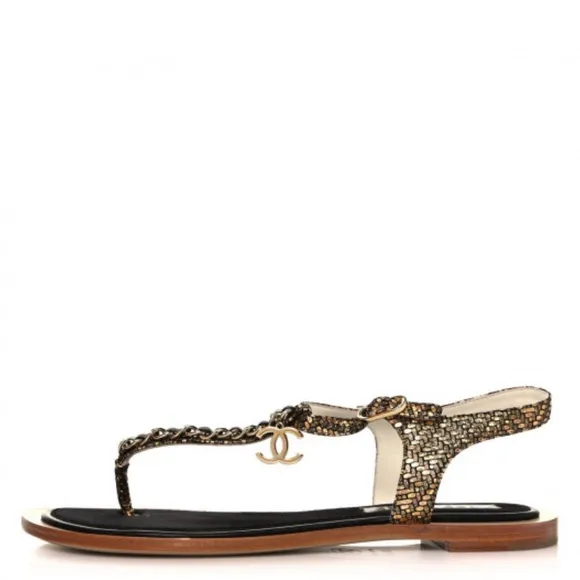 CHANEL fantasy goatskin suede CC thing sandal 37 1/2 gold and black