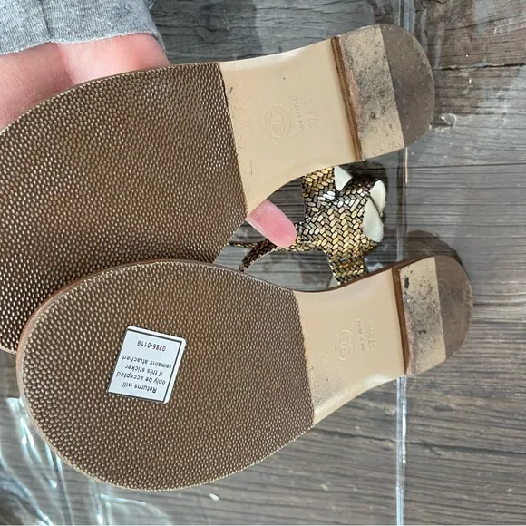 CHANEL fantasy goatskin suede CC thing sandal 37 1/2 gold and black