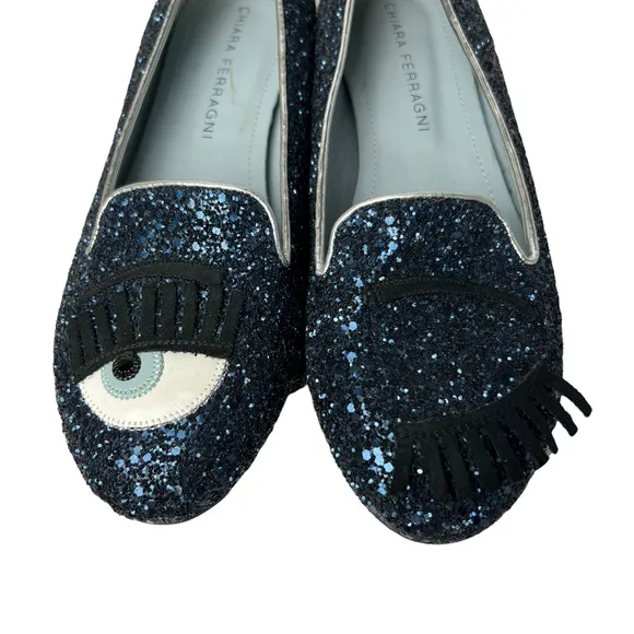 Chiara Ferragni Size 36 Flirting Glitter Wink Eye Loafer Shoes Blue Silver