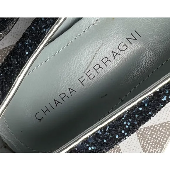 Chiara Ferragni Size 36 Flirting Glitter Wink Eye Loafer Shoes Blue Silver