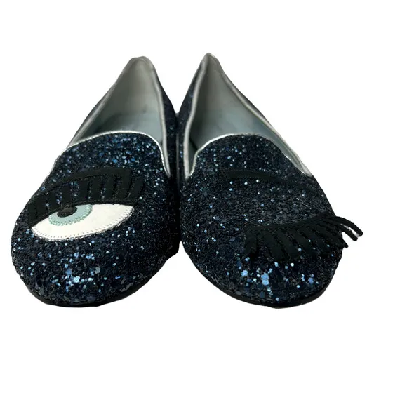 Chiara Ferragni Size 36 Flirting Glitter Wink Eye Loafer Shoes Blue Silver