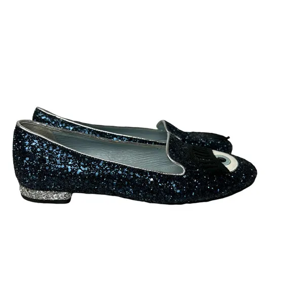 Chiara Ferragni Size 36 Flirting Glitter Wink Eye Loafer Shoes Blue Silver