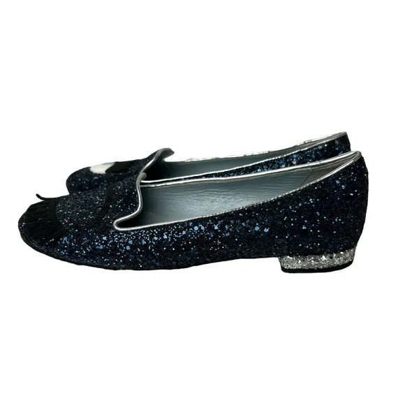 Chiara Ferragni Size 36 Flirting Glitter Wink Eye Loafer Shoes Blue Silver
