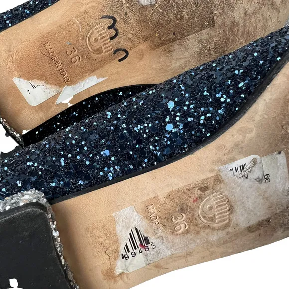 Chiara Ferragni Size 36 Flirting Glitter Wink Eye Loafer Shoes Blue Silver