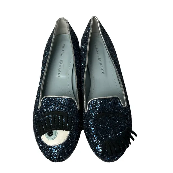 Chiara Ferragni Size 36 Flirting Glitter Wink Eye Loafer Shoes Blue Silver