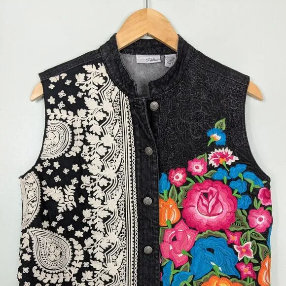 Chicos Denim Vest Floral Embroidered Y2K Boho Western Festival Colorful Black M