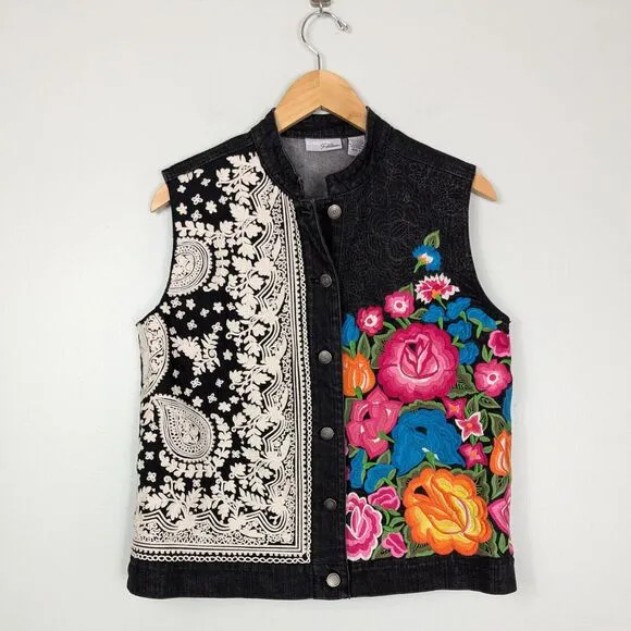 Chicos Denim Vest Floral Embroidered Y2K Boho Western Festival Colorful Black M