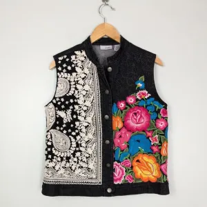Chicos Denim Vest Floral Embroidered Y2K Boho Western Festival Colorful Black M