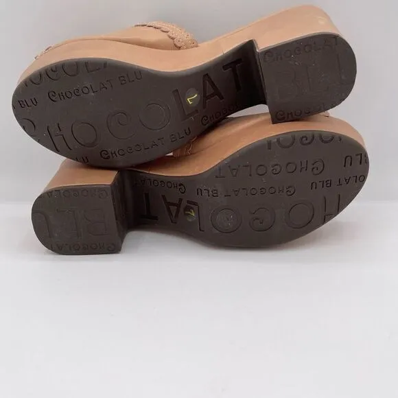 Chocolat Blu Nude Leather Platform Scalloped Mules Size 7 Chic Minimalist 3&quot;