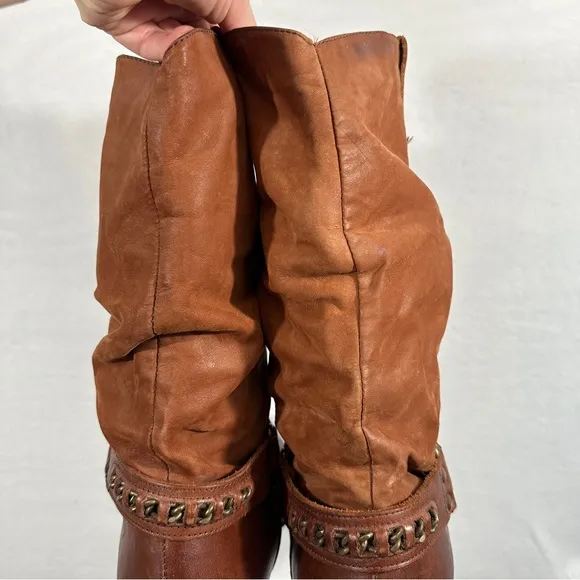 Circle S brown cowboy boots western leather chain slouchy boho distressed