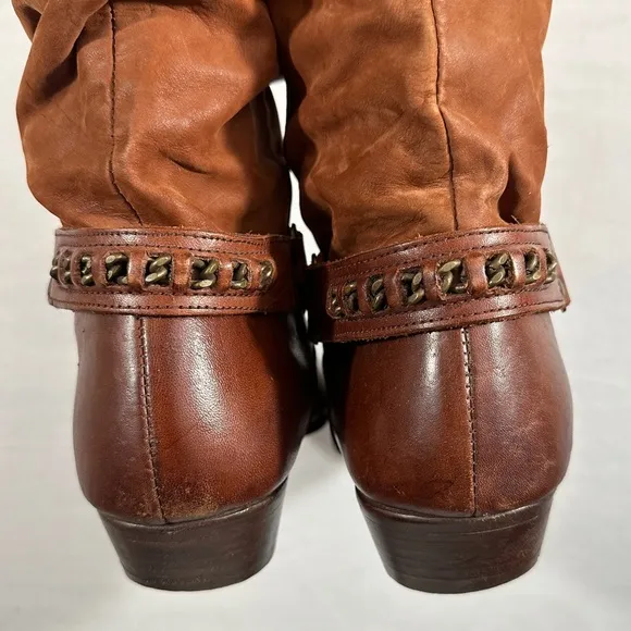 Circle S brown cowboy boots western leather chain slouchy boho distressed