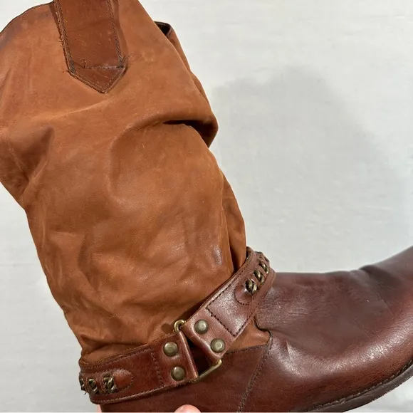 Circle S brown cowboy boots western leather chain slouchy boho distressed