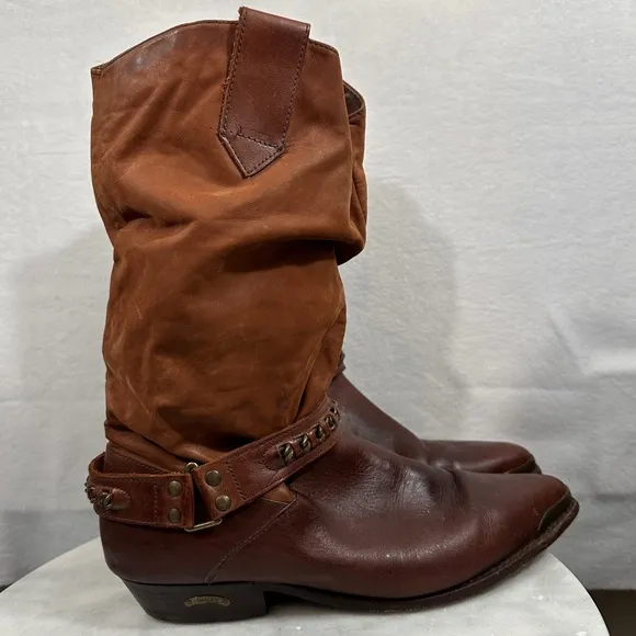 Circle S brown cowboy boots western leather chain slouchy boho distressed