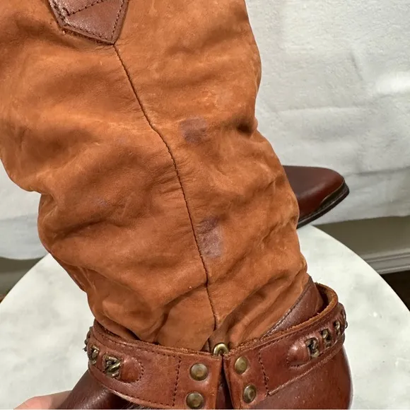 Circle S brown cowboy boots western leather chain slouchy boho distressed