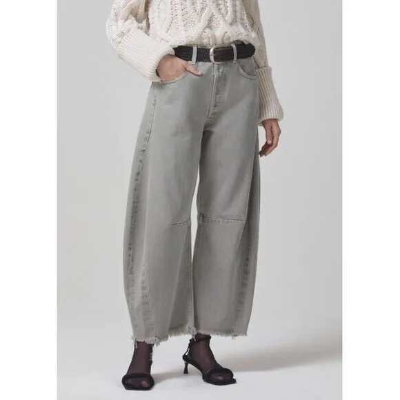 Citizens of Humanity Barrel Leg Jeans Frayed Hem High Waist Gray Size 24