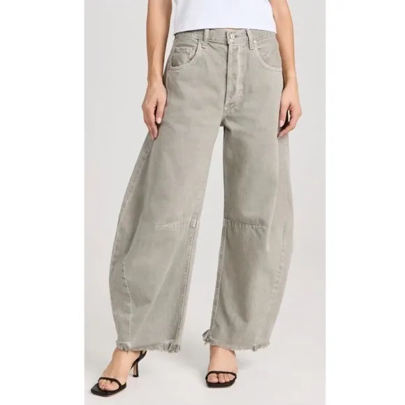 Citizens of Humanity Barrel Leg Jeans Frayed Hem High Waist Gray Size 24