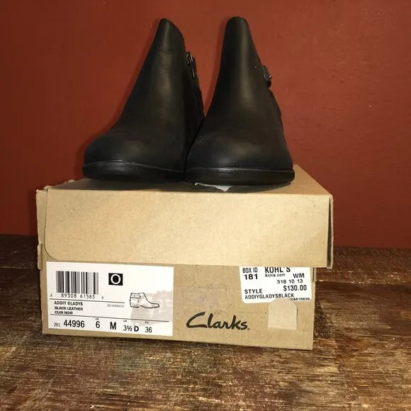 Clarks Addiy Gladys Black Leather Ankle Boot Womens 6 Minimalist Classic NIB NEW