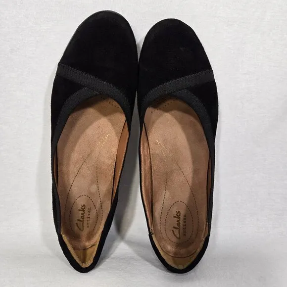 CLARKS Artisan Daelyn Hill Stylish &amp; Comfort BLACK Suede Wedge Loafer  Size 9.5M
