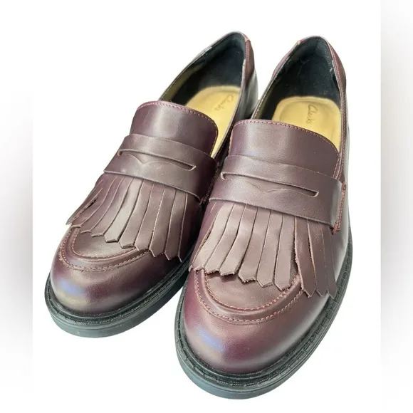 Clarks ORINOCO 2 Kiltie Penny Loafer Burgundy Leather Womens Size 10 Chunky Sole