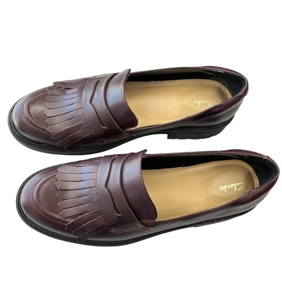 Clarks ORINOCO 2 Kiltie Penny Loafer Burgundy Leather Womens Size 10 Chunky Sole