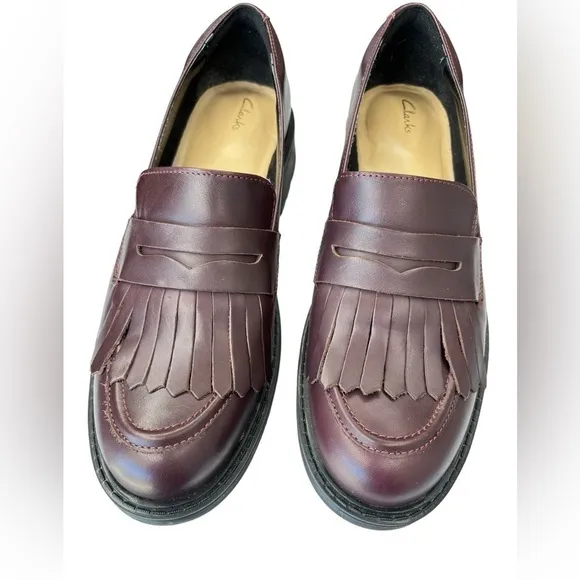 Clarks ORINOCO 2 Kiltie Penny Loafer Burgundy Leather Womens Size 10 Chunky Sole