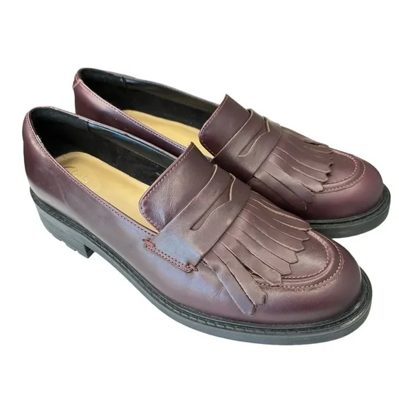 Clarks ORINOCO 2 Kiltie Penny Loafer Burgundy Leather Womens Size 10 Chunky Sole