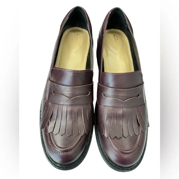 Clarks ORINOCO 2 Kiltie Penny Loafer Burgundy Leather Womens Size 10 Chunky Sole
