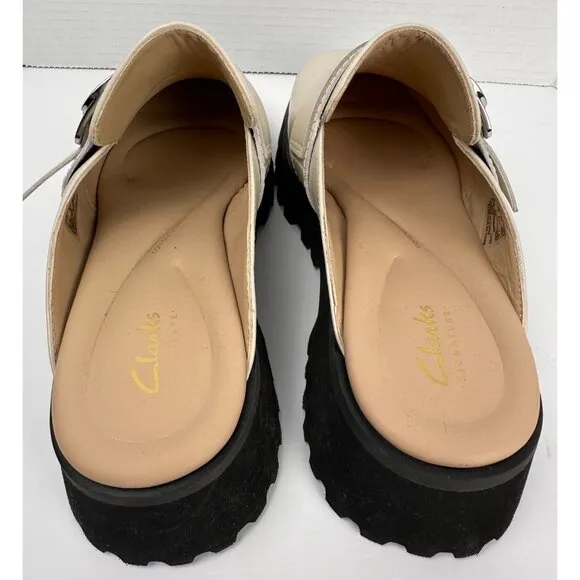 CLARKS Women's Stayso Free Shoes Ivory Leather Size 10 Mule Slip On Chunky Lug