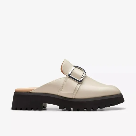 CLARKS Women's Stayso Free Shoes Ivory Leather Size 10 Mule Slip On Chunky Lug
