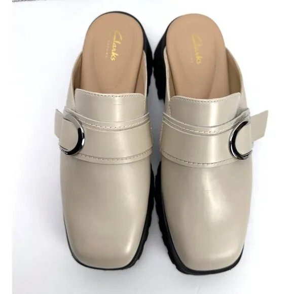 CLARKS Women's Stayso Free Shoes Ivory Leather Size 10 Mule Slip On Chunky Lug
