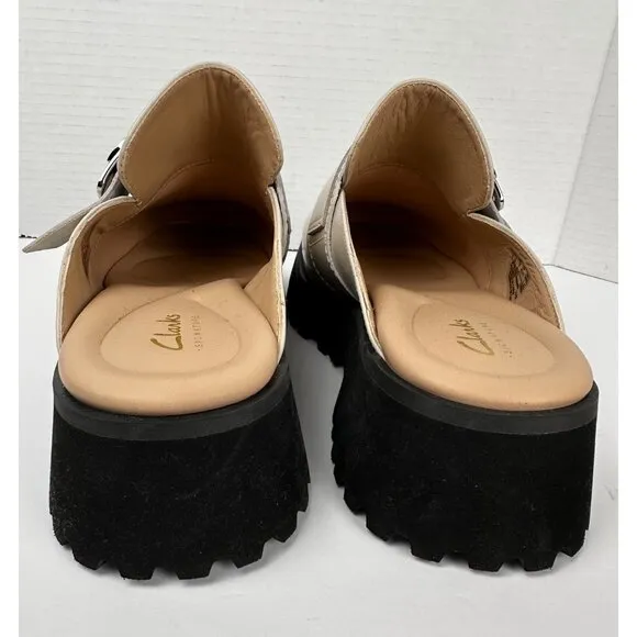 CLARKS Women's Stayso Free Shoes Ivory Leather Size 10 Mule Slip On Chunky Lug