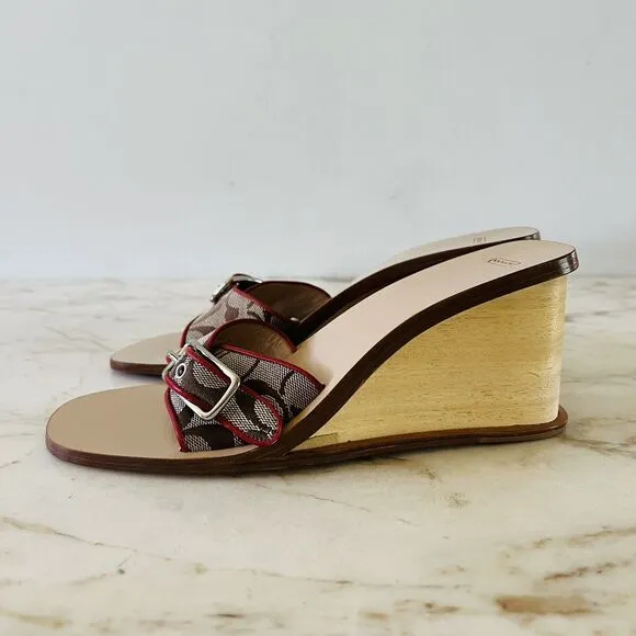 COACH Honey Brown Logo Canvas Red Leather Trim Wood Wedge Sandals - US 8
