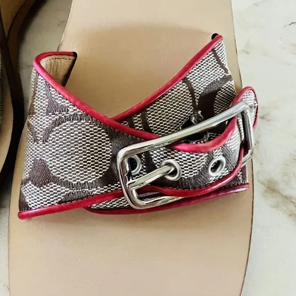 COACH Honey Brown Logo Canvas Red Leather Trim Wood Wedge Sandals - US 8