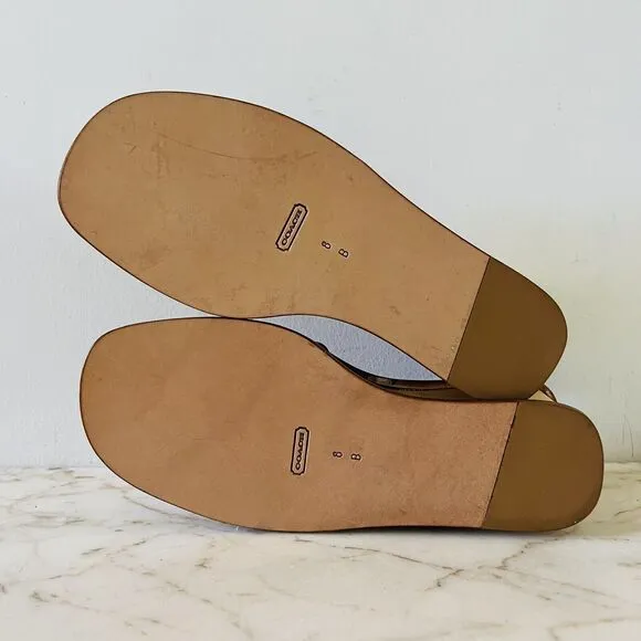 COACH Honey Brown Logo Canvas Red Leather Trim Wood Wedge Sandals - US 8