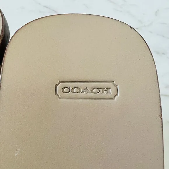 COACH Honey Brown Logo Canvas Red Leather Trim Wood Wedge Sandals - US 8