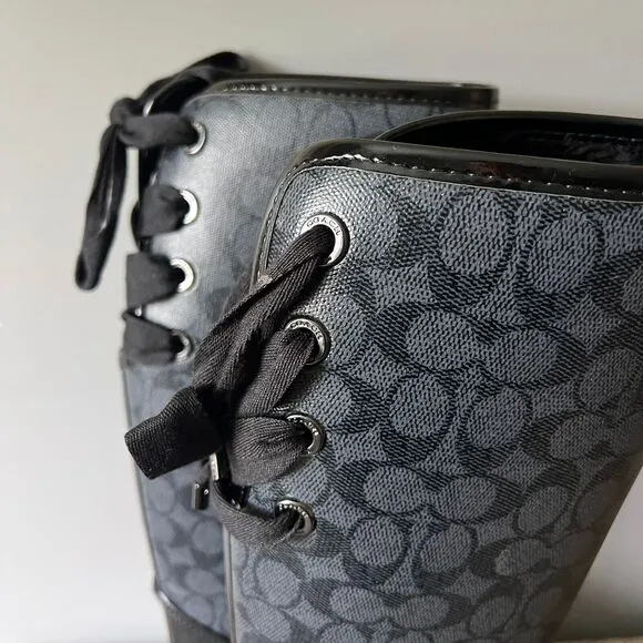 Coach Tristee Rain Boots Women's 9 B Lace-Up Corset Signature Print Logo Black