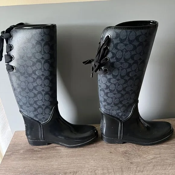 Coach Tristee Rain Boots Women's 9 B Lace-Up Corset Signature Print Logo Black
