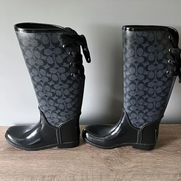 Coach Tristee Rain Boots Women's 9 B Lace-Up Corset Signature Print Logo Black