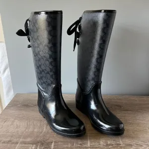 Coach Tristee Rain Boots Women's 9 B Lace-Up Corset Signature Print Logo Black