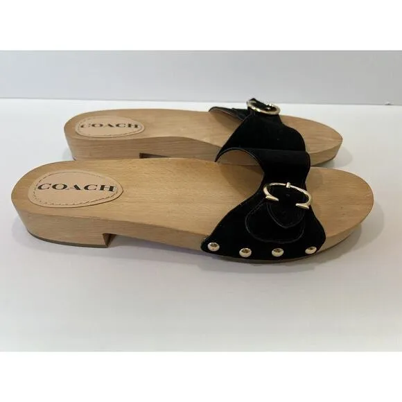 Coach Women's Bleeker Wooden Suede Slide Sandals Size 9 Black &amp; Gold Boho Gypsy