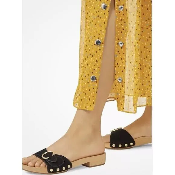 Coach Women's Bleeker Wooden Suede Slide Sandals Size 9 Black &amp; Gold Boho Gypsy