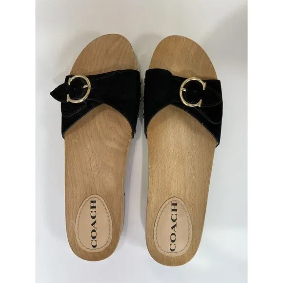 Coach Women's Bleeker Wooden Suede Slide Sandals Size 9 Black &amp; Gold Boho Gypsy