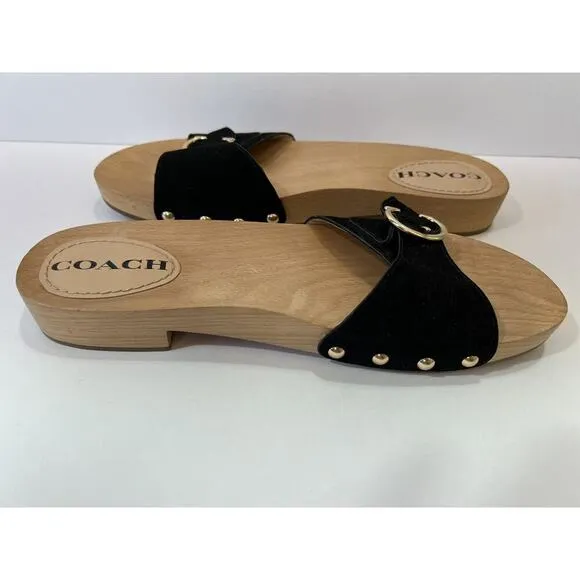 Coach Women's Bleeker Wooden Suede Slide Sandals Size 9 Black &amp; Gold Boho Gypsy